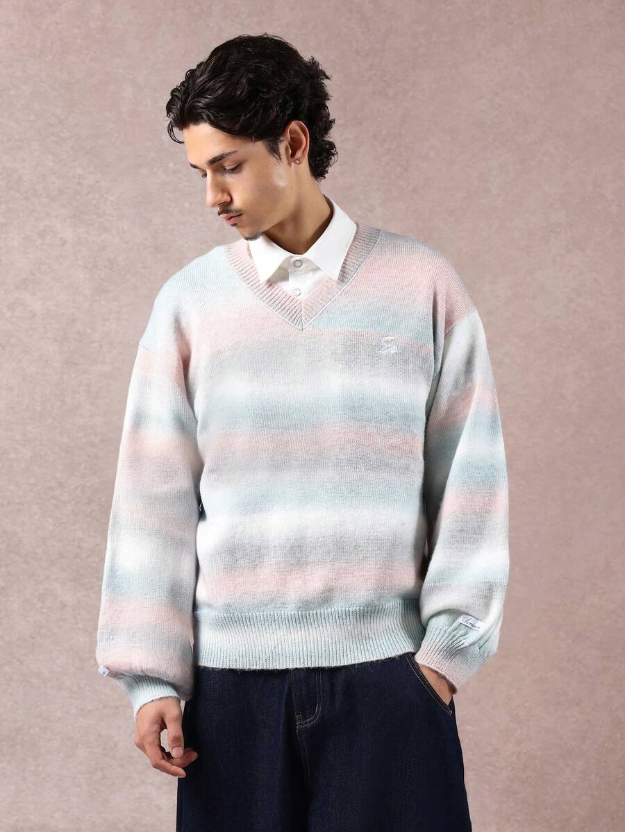 SUMWON Regular Gradient Fade V Neck Knit Sweater Pastel Color Block Winter Casual Long Sleeve Jumper Soft Cozy Pullover