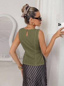 Lavishia 无袖棉麻白色竹节纽扣修身办公室复古衬衫 - 軍綠色 - 查看 2