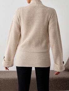 EURMUSE Women's Autumn V-Neck Dropped Shoulder Long Sleeve Metal Button Design Fashion Off Sweater Top Jumper Apricot Christmas Ladies Brunch Casual - Beige - View 2