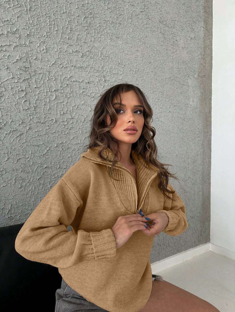 EURMUSE Women's Casual Solid Color Drop Shoulder Sweater, Autumn/Winter - Camel - View 1