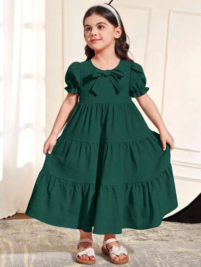 SHEIN 青少女松身度假風格圓領氣泡袖A字中長款純色連衣裙