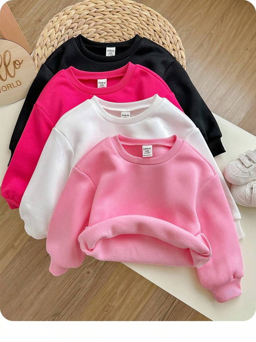 SHEIN 4件套可爱纯色保暖长袖卫衣，适合女婴，秋冬季穿着 - 彩色 - 查看 1