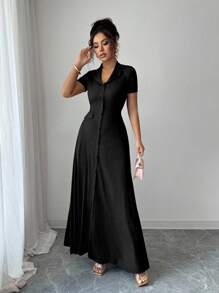 Elenzga Đầm Maxi Tay Ngắn Thắt Nơ Lưng Chữ A Lưng Cao Màu Nâu Thanh Lịch Cho Nữ - màu đen - Xem 4