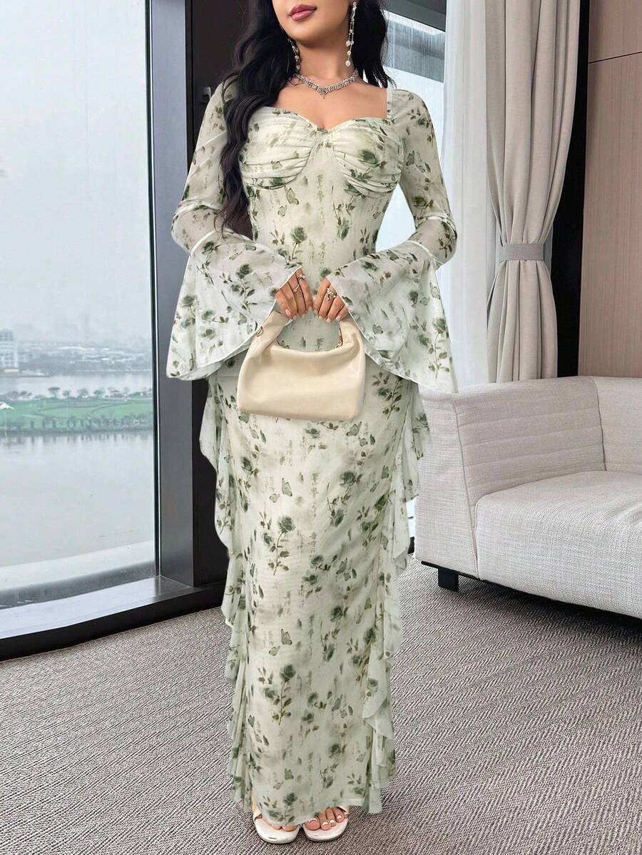 Modelyn Váy tay loe họa tiết hoa thanh lịch dành cho nữ - màu xanh lá - Xem 1