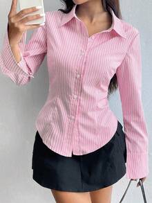 Elenzga 大码女式条纹长袖单排扣休闲/工作衬衫 - 彩色 - 查看 5
