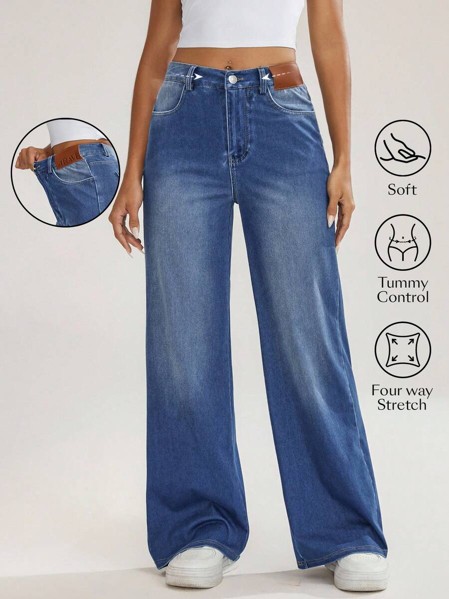 Flexra Women's Fashion Washed Pocket Loose Fit Denim Jeans - Light Wash - View 1