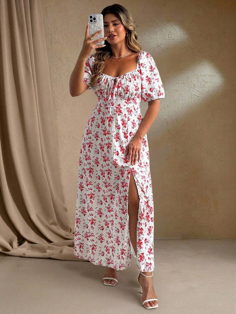 Roveilla 大码女式度假碎花甜心领前系带短款泡泡袖侧开衩连衣裙 - 紅色 - 查看 1