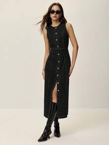 Poéselle 女式休闲前扣无袖牛仔连衣裙，夏季 - 黑色 - 查看 5
