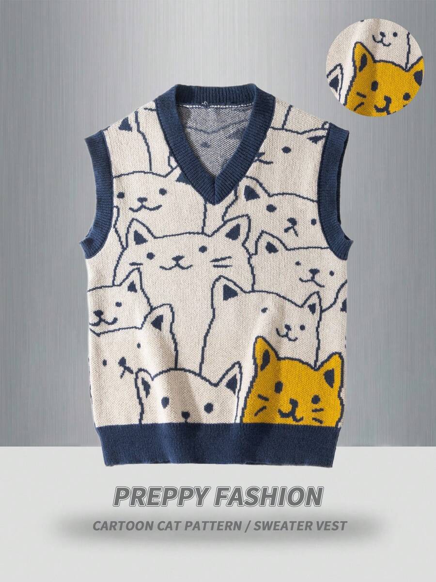 Claim Dot Men's Casual Cartoon Cat Pattern Knitted Sweater Vest, Fall/Winter - Navy Blue - View 1