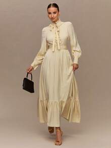 Enchnt Vestido de manga larga de color crema-amarillo, romántico y elegante, con volantes en el bajo y cintura ajustable, perfecto para otoño e invierno. Dulce y elegante, es adecuado para citas, vacaciones, fiestas, graduaciones, bodas, la playa y otras ocasiones. También es adecuado como vestido de verano, ropa de vacaciones o ropa de mujer de otoño. - Amarillo - Ver 4