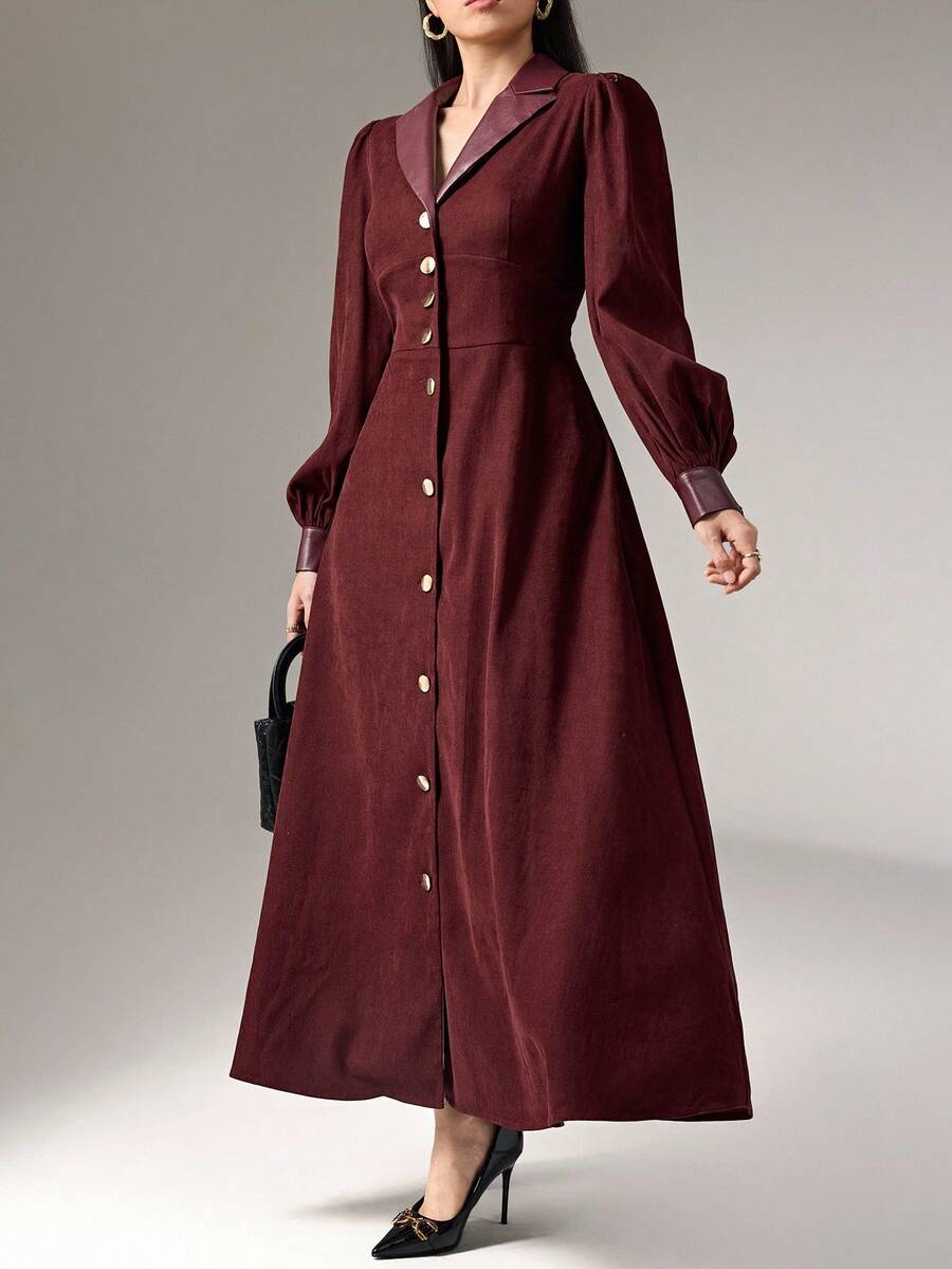 Heiryn 女士优雅前扣通勤长连衣裙 - 酒紅色 - 查看 1