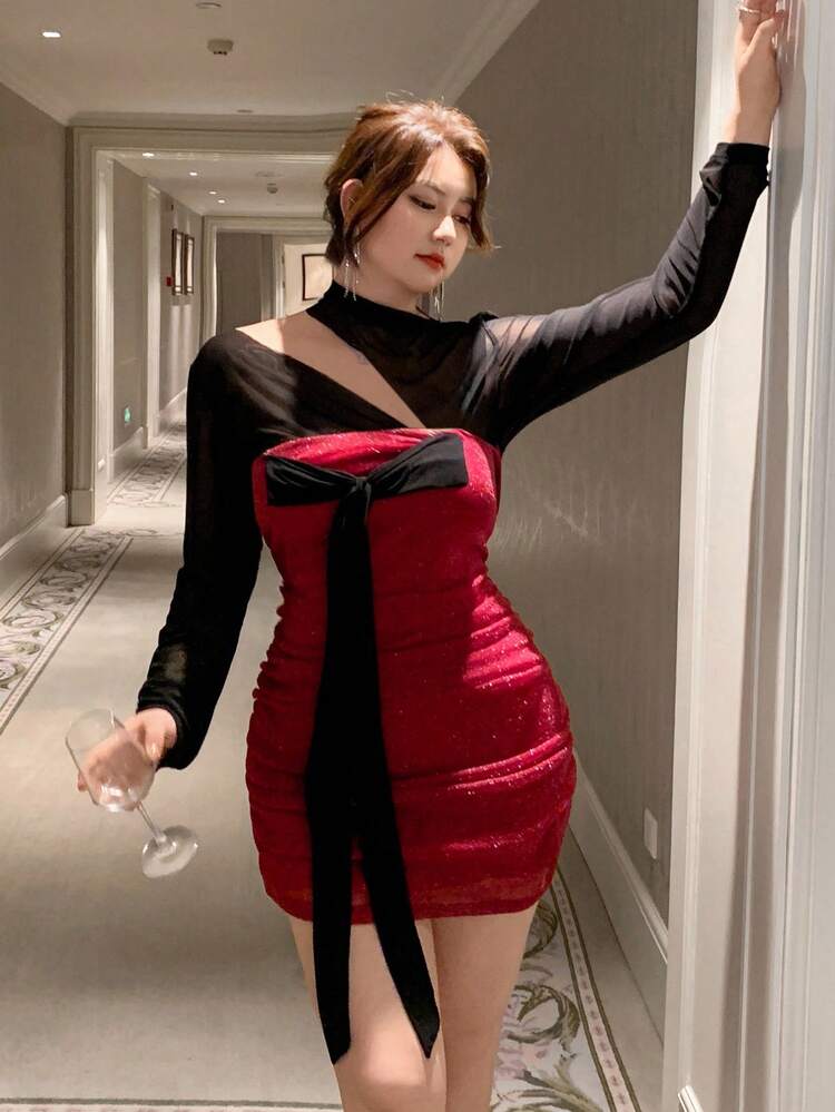 Dazy Plus Plus Size Contrast Color Wrap Dress With Bowknot Long Sleeve Milkmaid Dress Classy Dresses For Women Luxury Dress Party Dress For Ladies Dinner Dresses For Women,Fall Dress Prom Dress