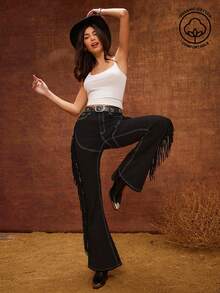 WESTFADE 高腰西部牛仔布混合材质牛仔布和仿麂皮流苏侧边开衩修身喇叭裤音乐节牛仔裤 - 黑色 - 查看 1