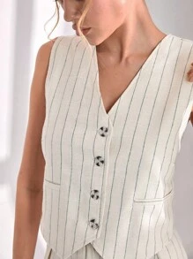 CLARA VERO 女士条纹两件套背心和裤子套装 - 米色 - 查看 7