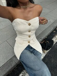 Siren Gaze Women's New Thick Tweed Bandeau Top, Autumn/Winter,Commuter Sleeveless Chest-Wrapped Top Summer Elegant - Apricot - View 3