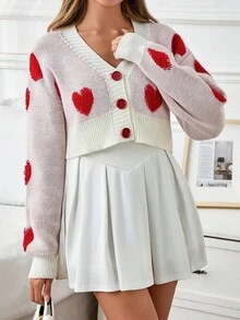 EURMUSE Petite Casual Button Front Heart Jacquard 3D Embroidery Detail Romantic Love Print Autumn Winter Cardigan,Cardigans For Women,Long Cardigans Woman,Cardigans - Apricot - View 4