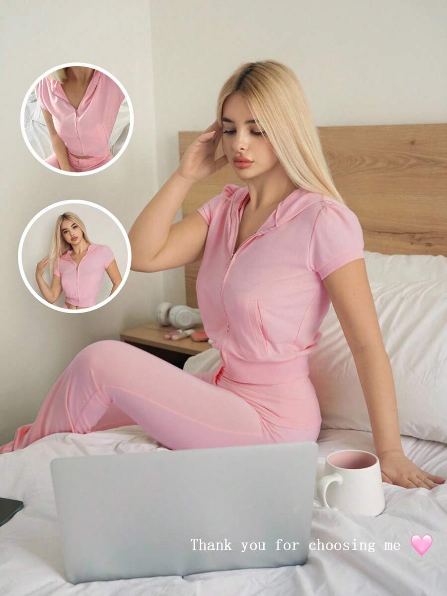 Sweetina Sudadera con capucha de manga corta, ajustada y de unicolor, para otoño/invierno - Rosa - Ver 1