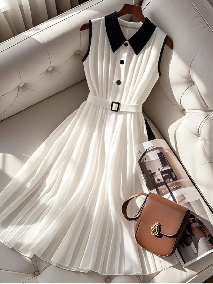 Franclia Women Contrast Collared Button Placket Sleeveless Casual Dress - White - View 1