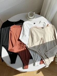SHEIN EZwear 4件套女士休闲简约长袖圆领紧身衣 - 彩色 - 查看 3