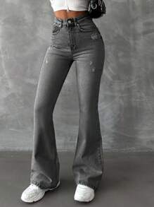 EURMUSE Women's High Waist Distressed Flare Long Jeans - Grey - View 6