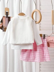 SHEIN Autumn/Winter Baby Girl 3-Piece Set: Long Sleeve Knit Turtleneck Top + White Fuzzy Vest + Skirt - White - View 2