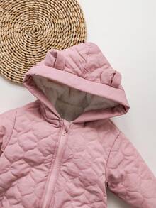 SHEIN Combinaison à capuche matelassée en coton de couleur unie pour bébé fille nouveau-né, chaude et épaisse pour l'automne/l'hiver - Rose bonbon - Voir 6