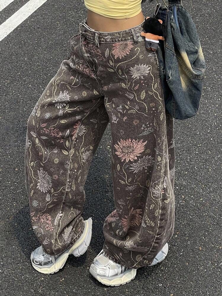 Women's Floral All-Over Print Harem Pants, Casual Street Style Loose Jeans Y2k
