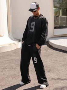 DAZY Set Kaos Pria Gaya Jalanan Motif Geometris Vintage dengan Efek Usang, Musim Gugur - Hitam - View 5