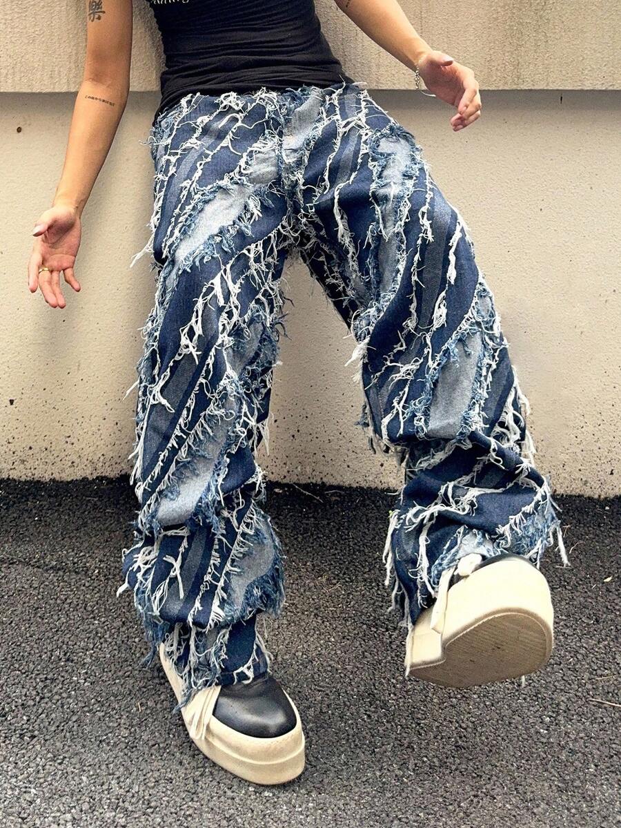 PAVTROS 男士口袋磨边休闲阔腿牛仔裤