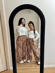 SHEIN Tween Girl Leopard Print Elastic Waist Fluffy Loose Pants, Autumn/Winter Mommy And Me Matching Outfits(2 Pieces Are Sold Separately) Autumn/Winter Fall