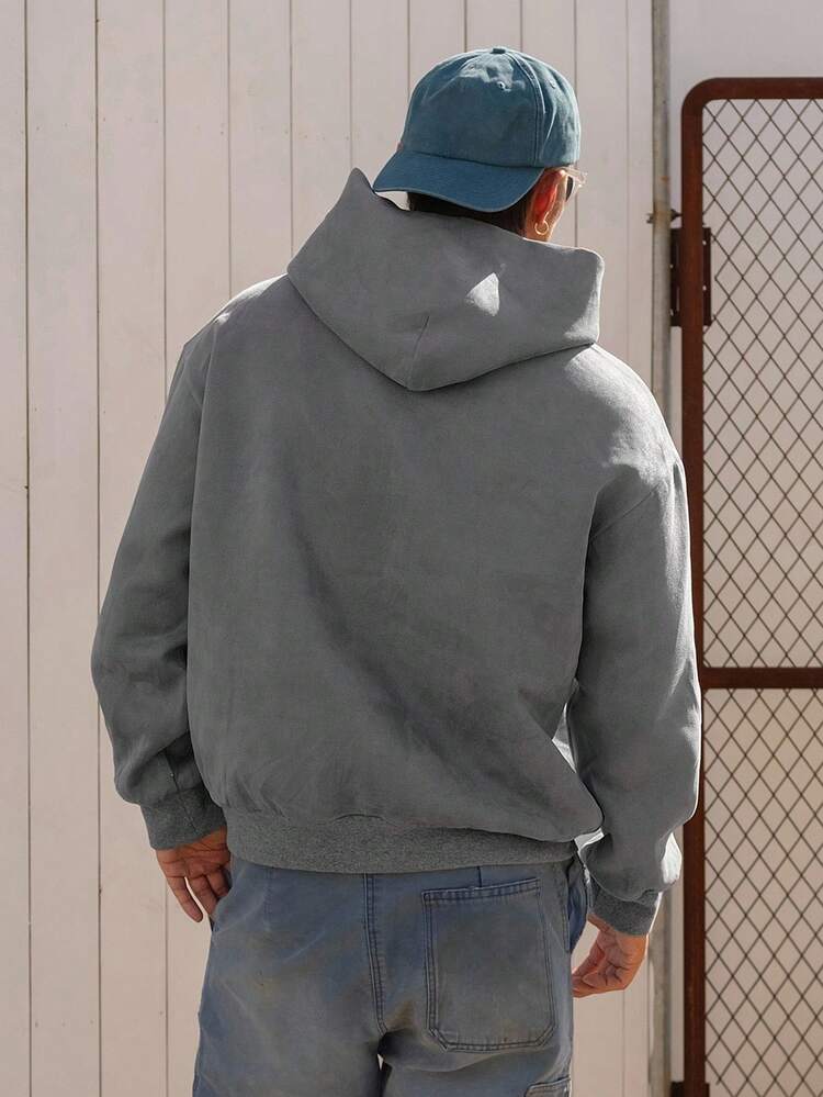 Men's Letter Embroidered Grey Suede Fabric Streetwear Style Short Hoodie, Autumn