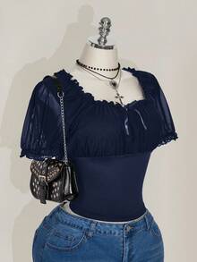 SHEIN ICON Plus Size Square Neck Ruffle Trim Mesh Puff Sleeve T-Shirt, Sweet Summer T-Shirt, Summer Vacation Dark Blue Top - Navy Blue - View 5