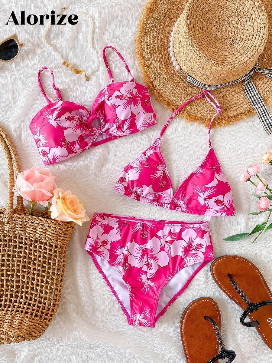 3pcs Teenage Girls Pink Floral Print Swimsuit Set, 2 Topsholiday,Summer,Travel,Getaway - Multicolor - View 1