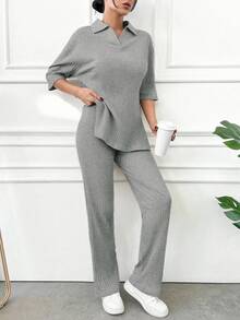 Cottnline Cotton Women's Solid Color Ribbed Ringer Top & Long Pants 2 Pieces Set, Summer Casual Outfit - Grey - View 5