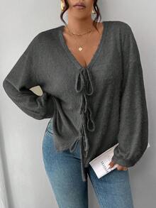 SHEIN Frenchy 加大码女式纯色针织法式毛衣，正面蝴蝶结设计，适合休闲、居家、校服，秋冬 - 灰色 - 查看 6
