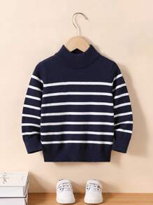 SHEIN 男童海军蓝和白色条纹高领毛衣，柔软有弹性的面料，适合春/秋/冬休闲穿着 - 藏蓝色 - 查看 4