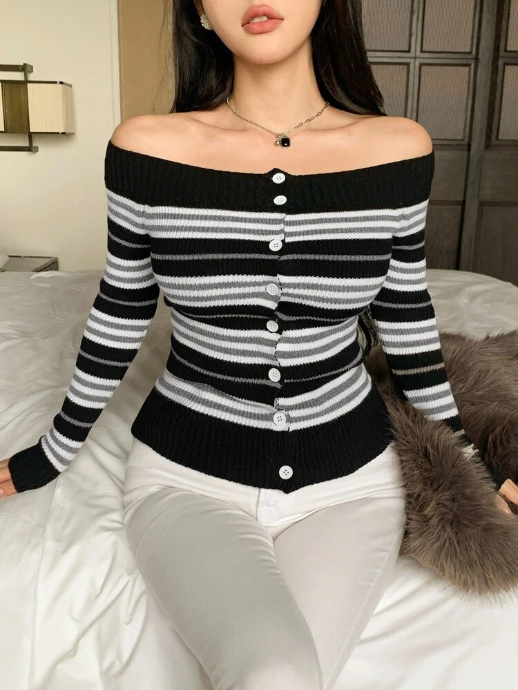 Contrast Stripe Fitted Off Shoulder Long Sleeve Casual Street Knit Cardigan For Women, Autumn/Winter