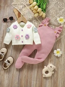 SHEIN Vintaside Kids 精致婴幼儿针织毛衣套装，手工钩织3D花卉外套，搭配荷叶边精致吊带连体衣，配以甜美头饰，温暖呵护宝宝成长的每一步，展现温馨童趣与时尚品味 - 粉色 - 查看 6