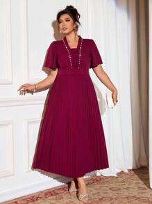 Cravure Plus Size Women Elegant Burgundy Summer Formal Dress,V-Neck Ruffle Trim Rhinestone Embellished Ruched Waist Pleated Short Sleeve Commuting Dress - Burgundy - View 7