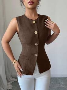 Selianne Fashionable Sleeveless Waist Cinched Black Jacket With Gold Button Decor, Versatile For Daily Wear, Spring/Summer - Brown - View 4