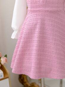 SHEIN Young Girl Woven Contrast Color Puff Sleeve 2 In 1 Dress Fall Winter - Pink - View 5