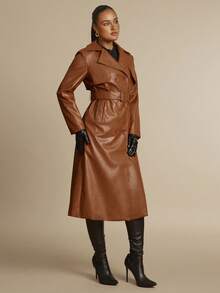 Silquee Áo khoác dạ dài tay giả da trơn hai hàng khuy cho nữ mùa thu/đông - màu nâu - Xem 7