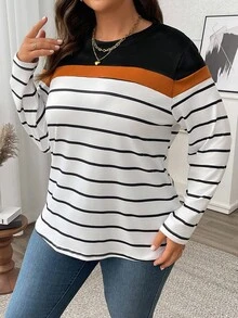 EMERY ROSE Plus Size Color Block Striped Long Sleeve Women T-Shirt Graphic Tee For Spring