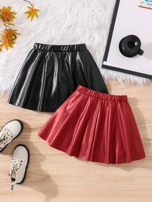 2 件套少女和少女 PU 半圆裙，适合日常休闲穿着 - 紅色 - 查看 2