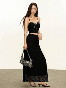 Rina Fox Y2K风格女式两件套蕾丝吊带上衣和裙子 - 黑色 - 查看 5