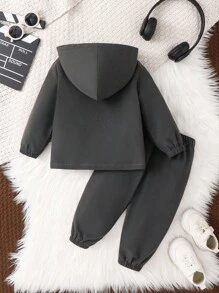 SHEIN 2pcs/Set Baby BoyGirls Fall & Winter Outfits, Hooded Windbreaker Jacket Sweatshirt And Jogger Pants Tracksuit, Comfortable Casual All-Match Everyday Wear, Suitable For Indoor, Outdoor, Sports, Party, Photography, Holiday - Dark Grey - View 2