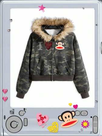 Paul Frank X ROMWE Sweat-shirt à capuche zippé, style mode de rue décontracté subculture Y2K pour femmes grandes tailles. Imprimé camouflage avec logo strass et ourlet effiloché.