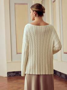 ZEYLAH Women's Simple Solid Color Faux Pearl Decor Cable Knit Sweater, Fall /Winter Clothes - White - View 3