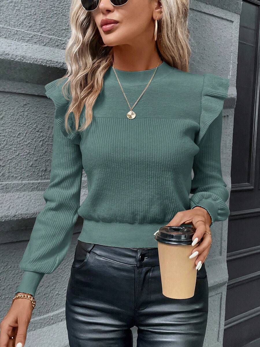 SHEIN Clasi Women's Solid Color Minimalist Crew Neck Long Sleeve Sweater, Everyday Wear,Fall,Fall Clothes For Women - Dusty Blue - View 1