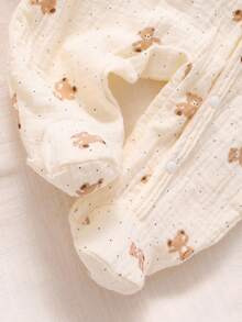 3 Pieces Contton Newborn Apricot Cotton Muslin Fabric Bear Pattern Long Sleeve Romper, Hat And Gloves Set, Home Outfit Fall Winter - Apricot - View 6